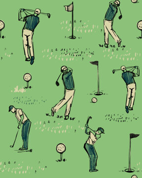 Golf  player sketch seamless pattern. Hand drawn illustration
