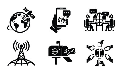 Obraz premium Global communication vector icons, satellite and internet technology symbols for digital media