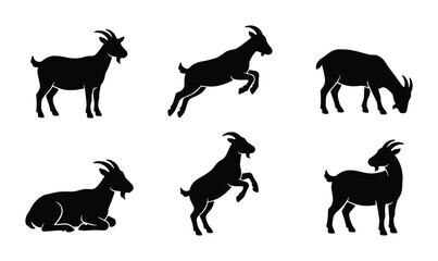 Obraz premium Goat silhouettes vector set, farm animals collection, black wildlife graphic design elements