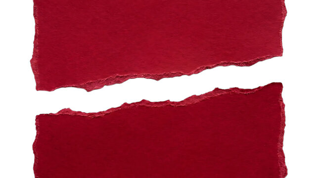 Two pieces of deep red paper with a wide horizontal rip across the center horizontal isolated material background template creative