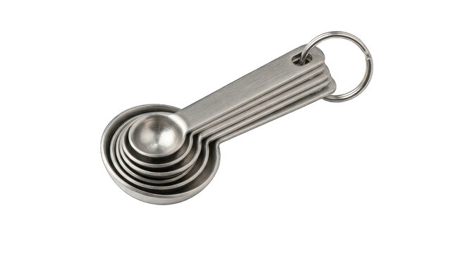 Set of stainless steel measuring spoons stacked on ring key.