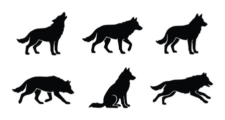 Obraz premium Wolf silhouettes vector set, black wild animal icons, howling and running wolves design elements