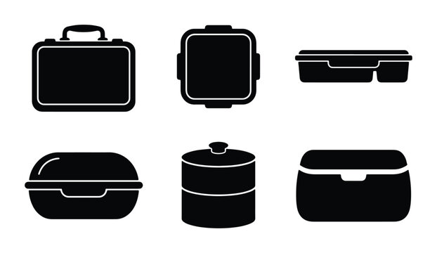 Lunch box vector icons set, food container silhouettes, school meal boxes and picnic storage design