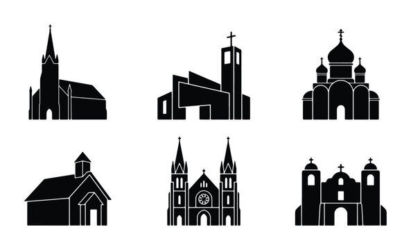 Church silhouette icons set, 6 religious building vector symbols, cathedral and chapel signs