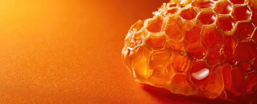 Close-up of golden honeycomb, rich with liquid honey, against an orange background