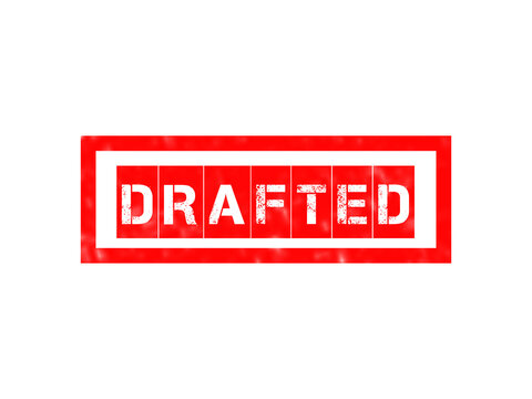 Red rubber stamp with the word drafted in black stencil font inside a rectangular frame on a solid black background, for document status isolated on a transparent background