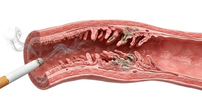 Scientific 3D Render of Cigarette Smoking Damaging the Fallopian Tube Cross-Section