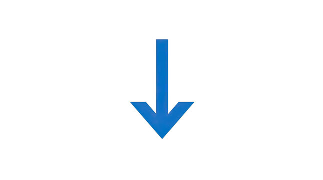 Blue down arrow symbol indicating downward direction on transparent background.