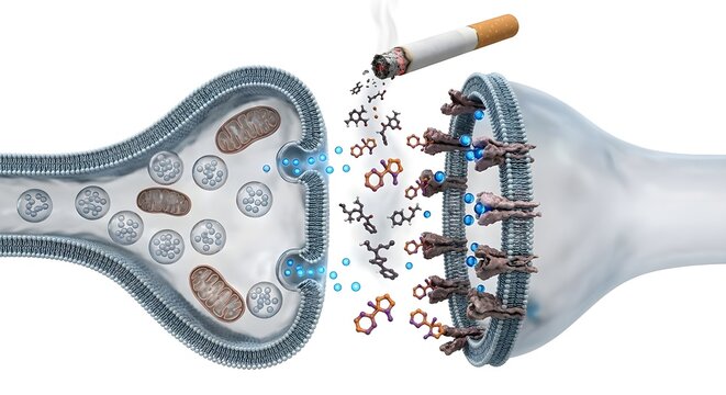 Scientific 3D Render of a Lit Cigarette Causing Neurotransmitter Imbalance at the Synaptic Gap