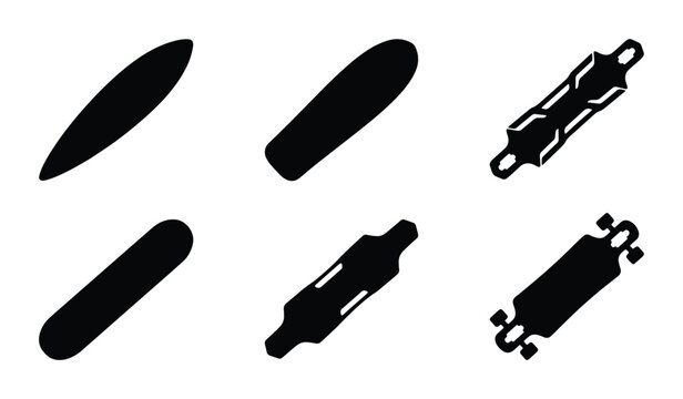 Skateboard deck silhouettes, longboard shape icons, 6 black vector board elements for skating