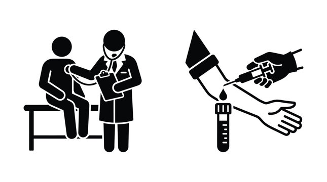 Black and white medical icons showing a doctor examining a patient with a stethoscope and a phlebotomist into a test tube