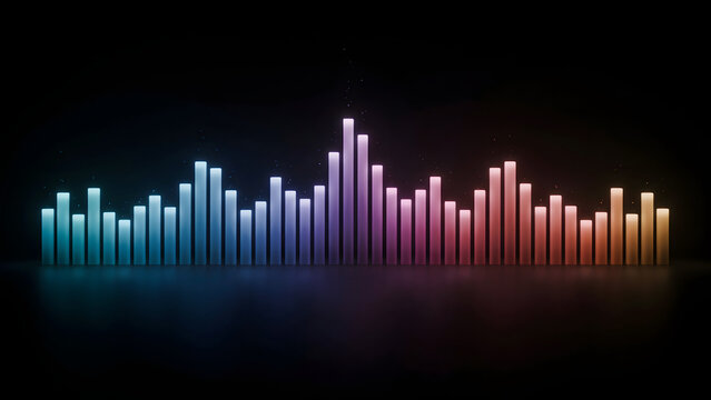Digital audio equalizer with glowing vertical bars in a gradient of blue, purple, and orange colors reflecting on a dark, smooth surface floor
