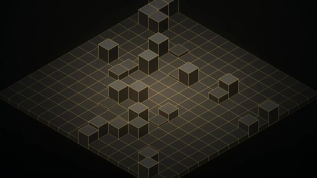 Isometric grid with rising and falling cubes in a dark, abstract 3D environment with golden grid lines