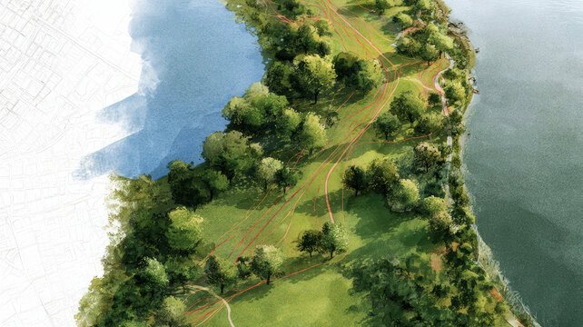 Landscape architecture master plan illustrating urban development vision with green spaces, winding paths, and a tranquil waterside area blending with an evolving city map
