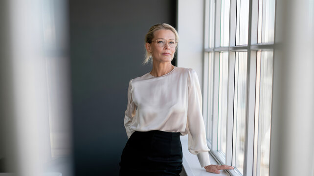 Mature business woman confidently looking out window, visualizing future success, leading with experience, intelligence, and professional leadership in a corporate environment