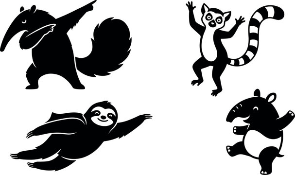 Funny exotic animals silhouette set featuring dabbing anteater dancing lemur superhero flying sloth and tapir vector illustration