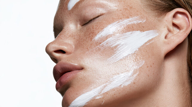 Woman's freckled face with eyes closed, applying white skincare product in bold strokes, highlighting natural beauty and professional dermatology treatment concepts