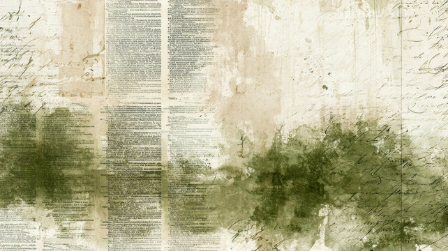 Grunge paper texture displaying faded old dictionary columns and elegant handwritten script layered with distressed watercolor splatters and stains, creating a rich artistic backdrop