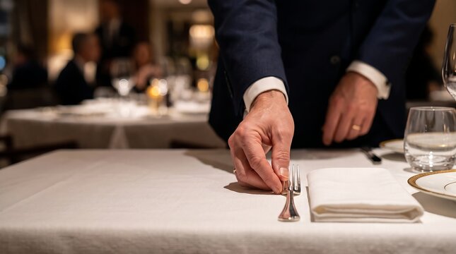 Waiter setting table in fine dining restaurant with cutlery and napkin