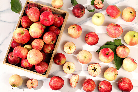 Assortment of apple varieties in a basket on concrete table, Thanksgiving background, concept of healthy,natural eating and the harvest, banner for cafes and restaurants, detox diet and body cleansing