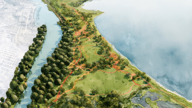 Aerial watercolor illustration detailing an urban park landscape design, presenting a comprehensive master plan for a green city development and sustainable community infrastructure
