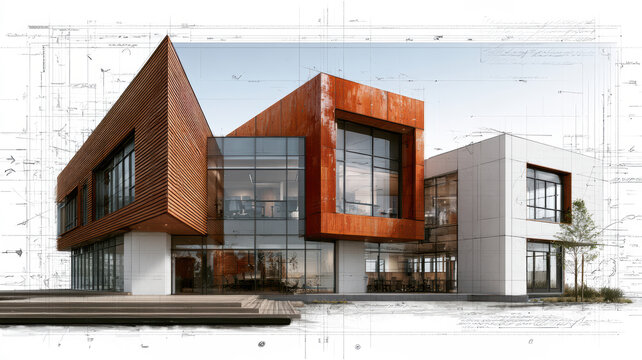 Modern architectural rendering blending a sleek commercial building with traditional engineering plans, visualizing the journey from initial concept to completed construction project