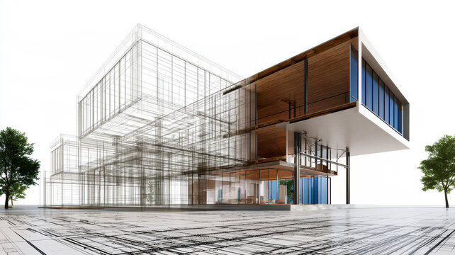 Architectural design project showing modern building concept in wireframe and rendered form, symbolizing planning, construction, and future development