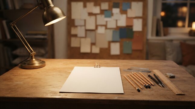 Professional designer workspace with a blank white paper sheet, graphite pencils, wooden ruler, and desk lamp on a rustic wooden table