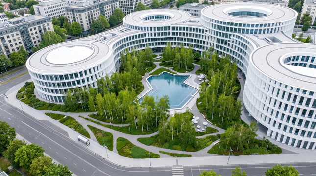 Innovative corporate campus featuring sustainable architecture and a green park, representing modern business environment, technology, and ecological integration