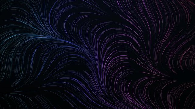 Abstract flowing lines in neon purple and blue hues on a dark background, representing data streams or energy flow