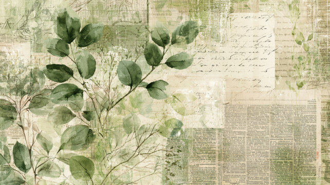 Creating an aged green botanical collage background with watercolor eucalyptus leaves and textured vintage paper for a natural and organic design