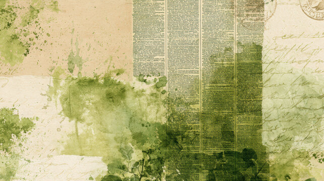 Grungy organic background texture blending distressed paper, aged newspaper text, and watercolor green splashes, creating a vintage collage design