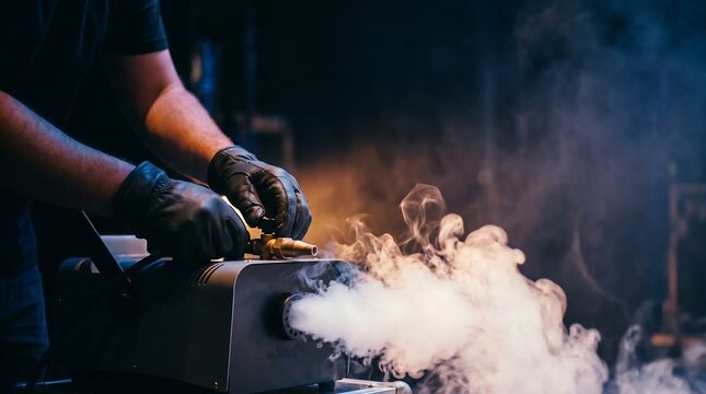 Technician operating a fog machine emitting dense white smoke on a dark stage