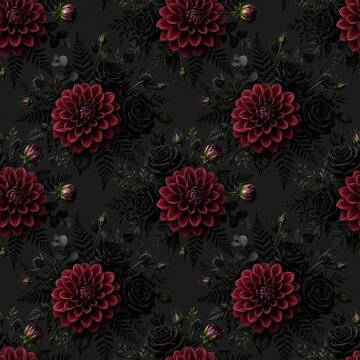 Dark moody floral seamless pattern of burgundy dahlias and black roses with dark foliage on charcoal black background, dramatic wallpaper