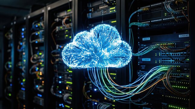 Cloud computing network represented by a glowing fiber optic cloud data node floating in front of server racks inside a massive enterprise data center.