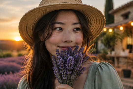Young woman smelling a lavender bouquet in a field at sunset