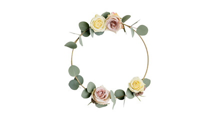 Isolated elegant golden hoop with delicate pink and yellow roses and eucalyptus leaves © Francisco