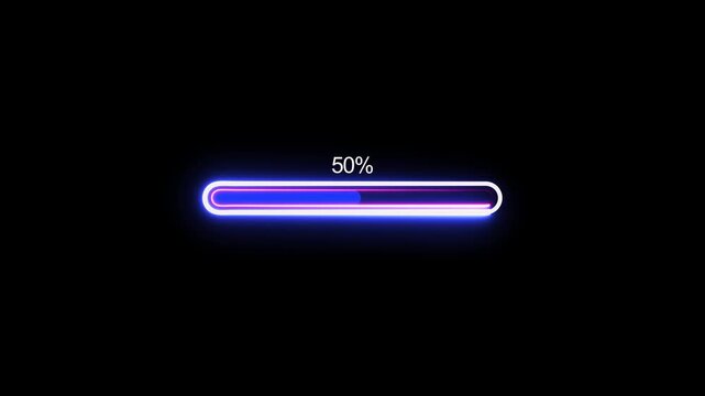 Neon percentage progress bar with blue, pink and purple glow, representing digital loading, downloads, processing, updates and completion status.