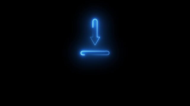 Blue neon download icon with a glowing downward arrow and base line, representing file downloads, data transfer, installation and digital saving.