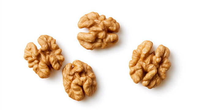 Fresh English walnut kernels or Juglans regia isolated on white background, top view, healthy organic vegetarian snack food concept layout