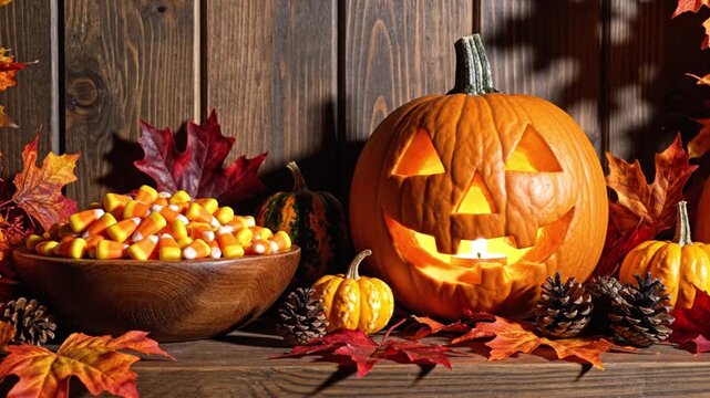 Halloween jack o lantern pumpkin glowing with candy corn and autumn leaves