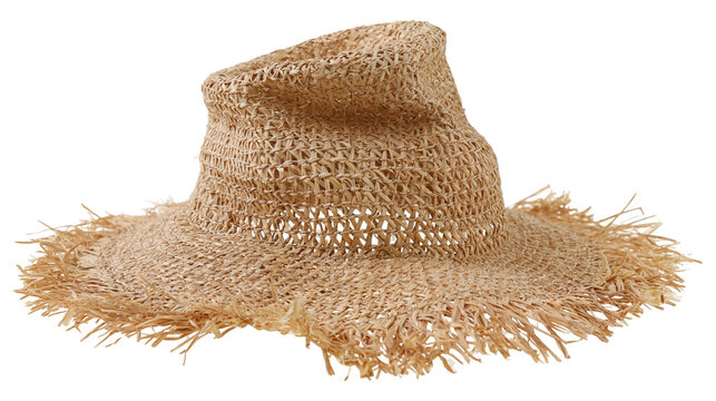 Isolated casual woven straw hat with a wide fringed brim, perfect for summer fashion and beachwear.
