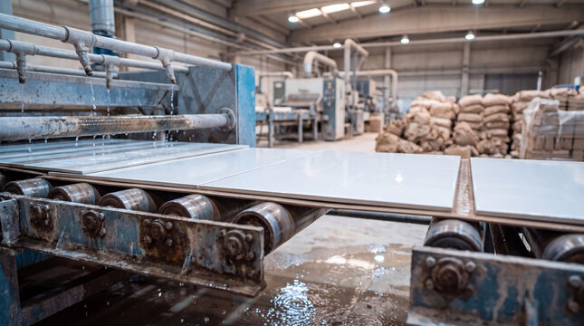 Industrial conveyor belt processing ceramic tiles in a factory, showing the production line with water cooling and machinery in a manufacturing facility.