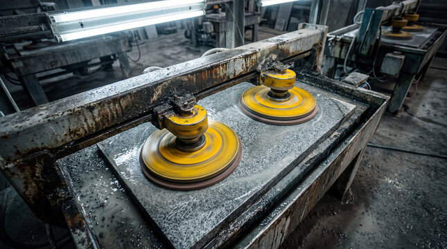 Industrial machinery with rotating yellow heads wet polishing and grinding a granite stone slab in a manufacturing stone workshop factory.