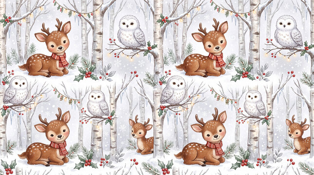 seamless repeating christmas holiday celebration background featuring cute woodland animals like fuzzy brown deer and fluffy white snowy owls sitting among cold frosted birch trees