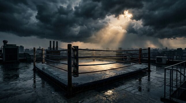 Dramatic rooftop boxing ring under a stormy sky with sunlight breaking through dark clouds symbolizing resilience and the solitary fight for victory