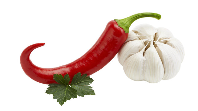 Isolated red chili pepper, garlic bulb, and fresh parsley sprig for spicy cooking ingredients