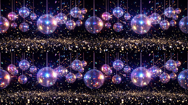 repeating seamless backdrop of sparkling crystal disco balls reflecting bright party lights over an endless sea of floating glitters and shimmering sequins under a pitch black midnight sky