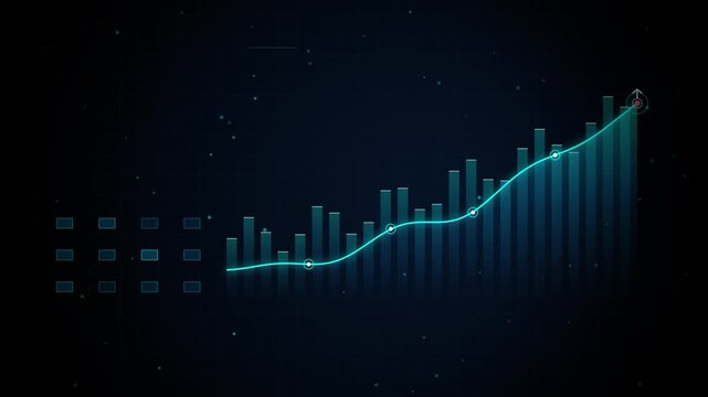 Digital financial growth chart with upward trend line and data analytics hud interface graph business