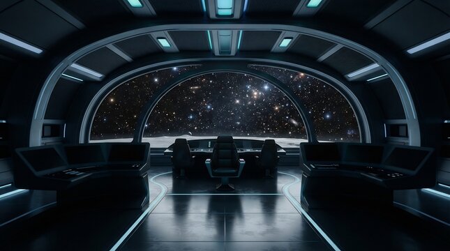 Futuristic spaceship command bridge with a wide panoramic view of a star-filled galaxy and advanced control consoles in a high-tech interior